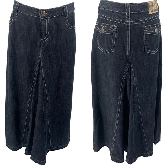Vintage Y2k Denim Maxi Skirt Low Rise Godet Panel A Line Raw Hem Dark Wash 12/14 - Picture 1 of 7